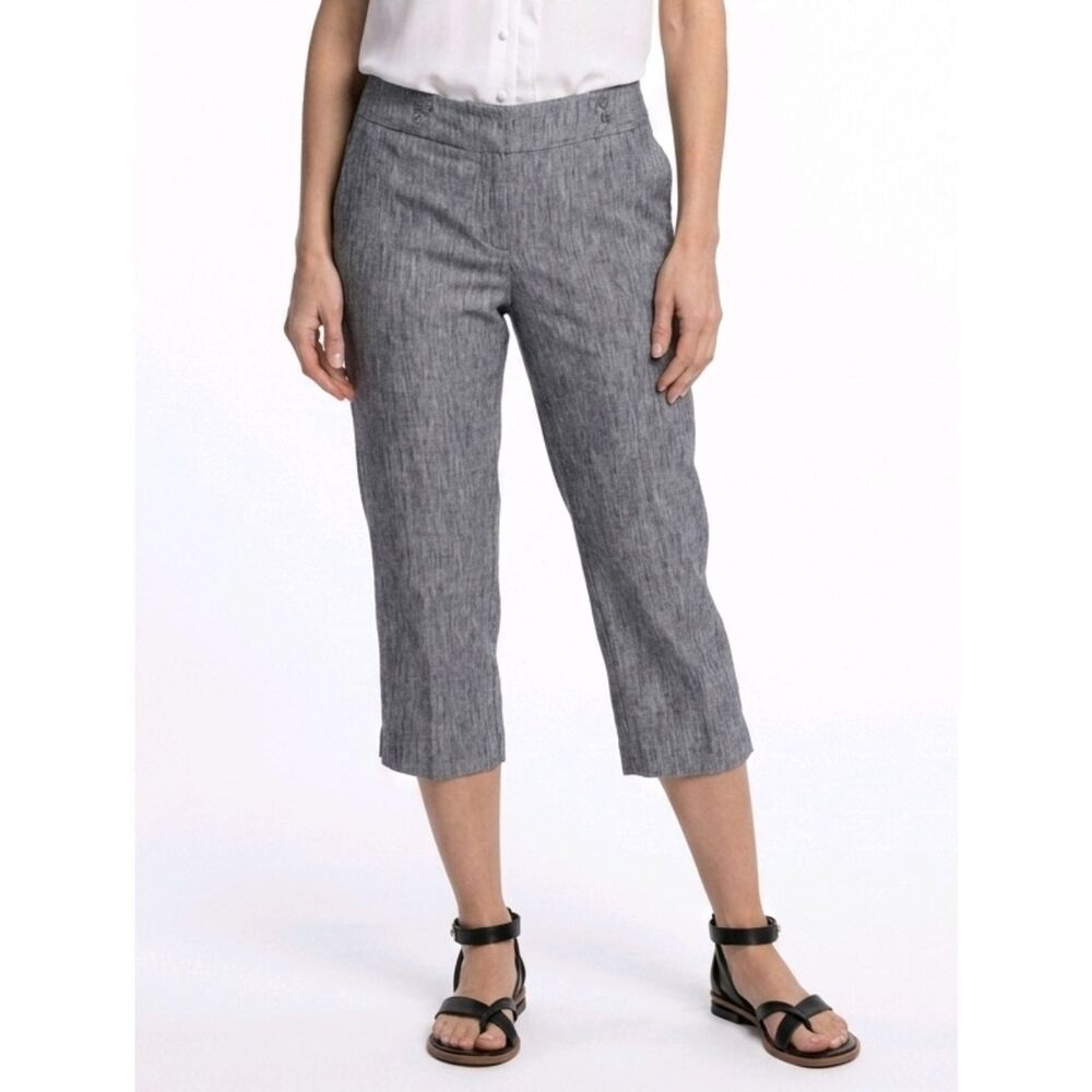 Larry Levine Petite Black & White Stripe Linen Stretch Cropped Pants Size 14P